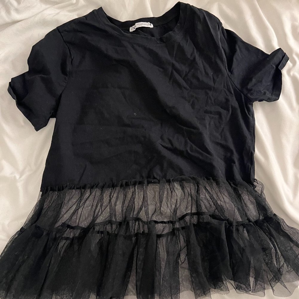 Zara Black Chiffon Peplum T-Shirt Size S